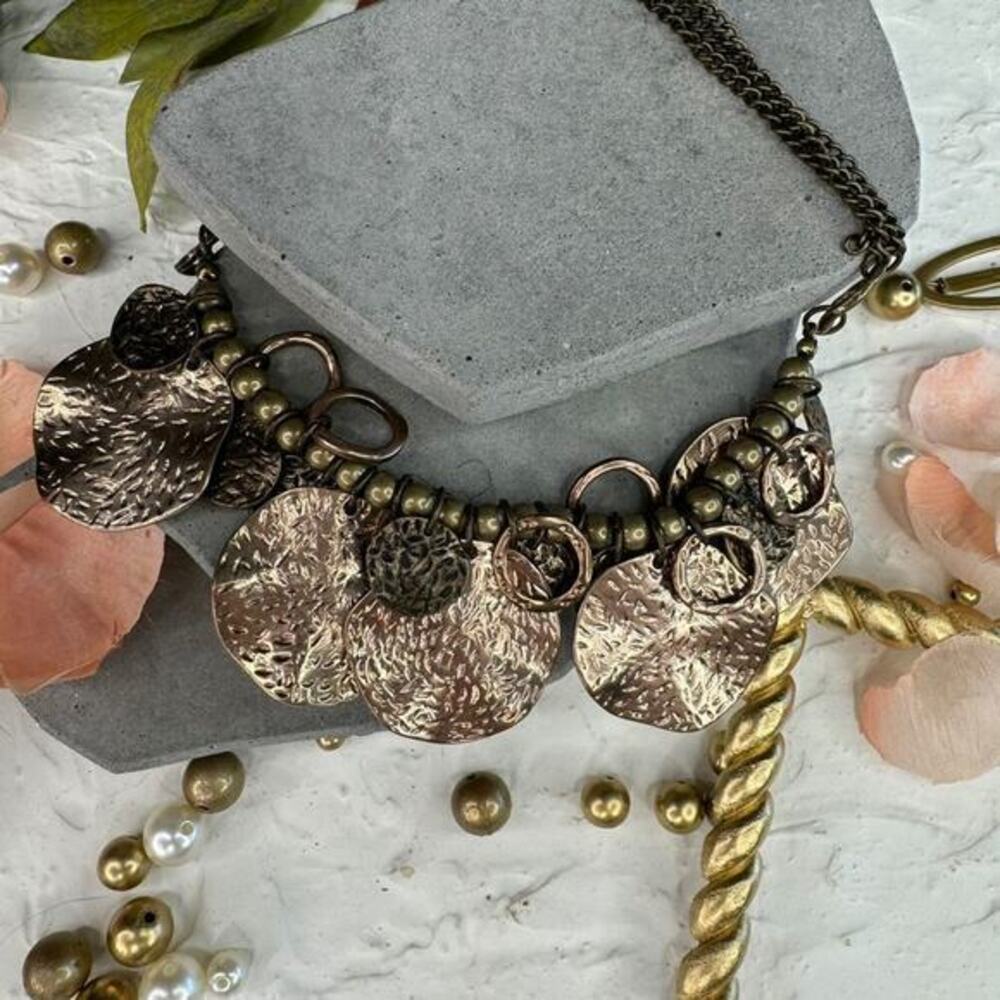 Art Nouveau Inspired Bib Necklace Two-Tone Brass Silver Gold Vintage‎ Elegance